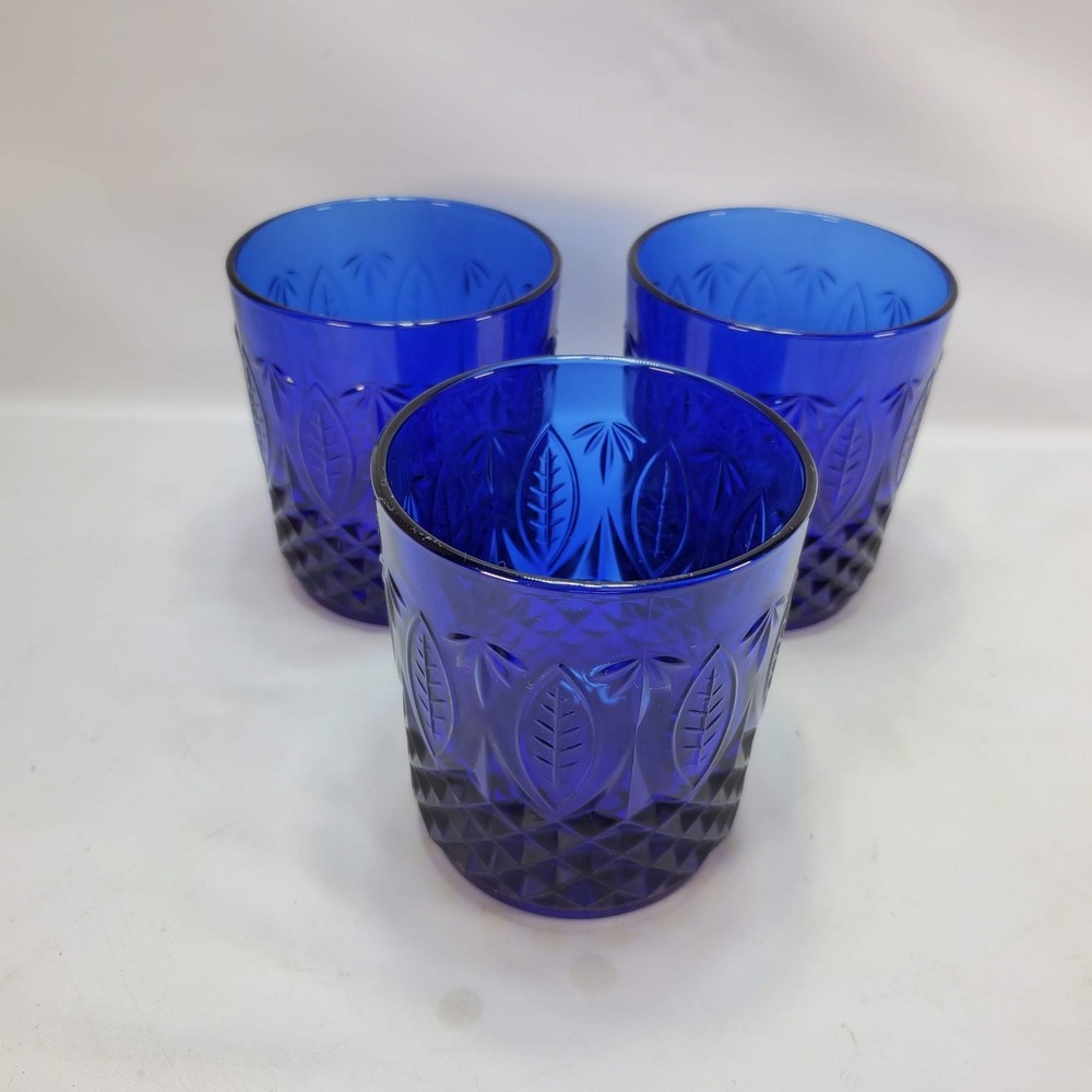 Arcoroc Avon Tumbler Glasses Cobalt‎ Blue Vintage Leaf Diamond Set of 3 France